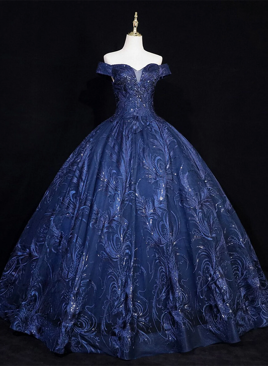 Lovely Navy Blue Floral Tulle Ball Gown Sweet 16 Dress,Navy Blue Off Shoulder Long Formal Dress TP1181