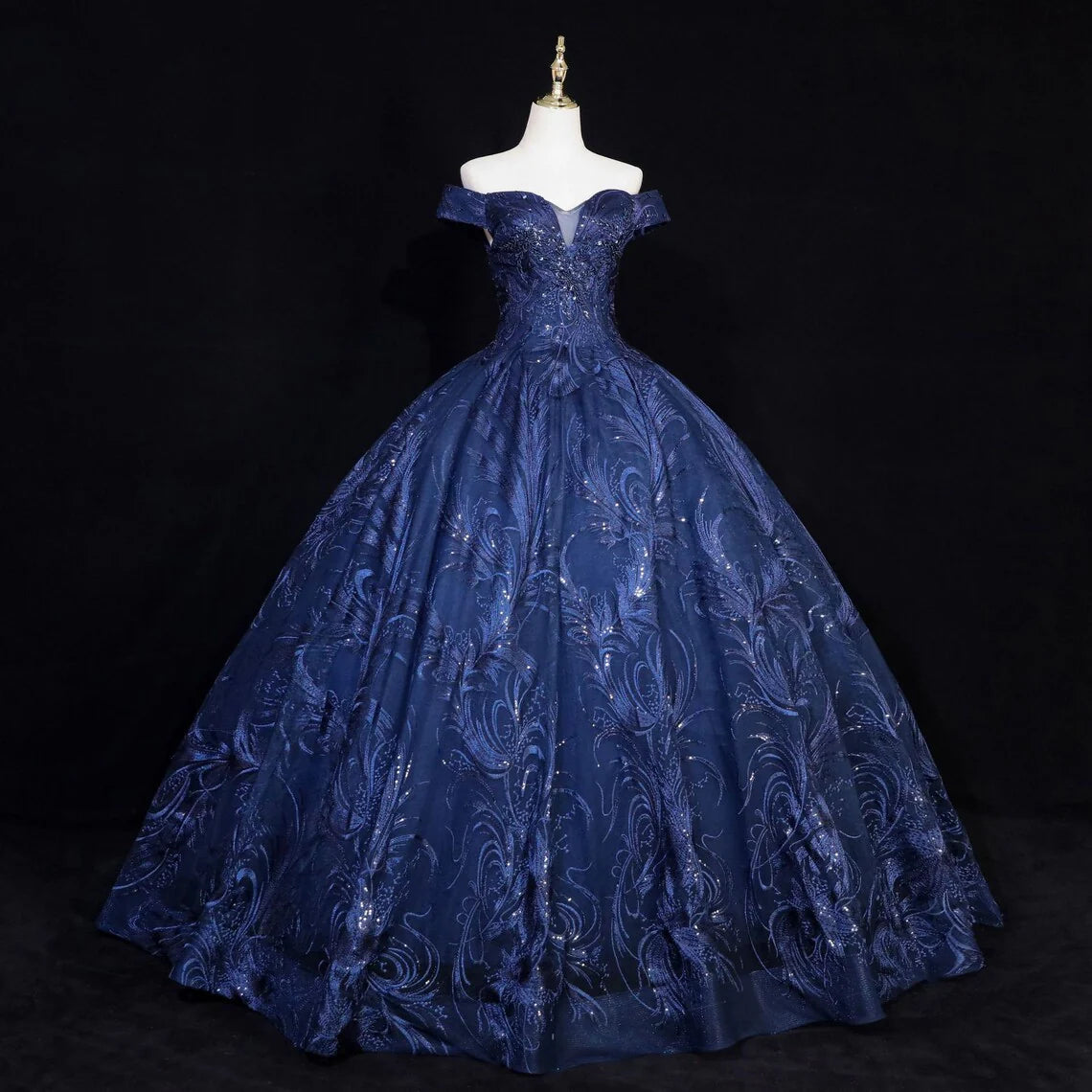 Lovely Navy Blue Floral Tulle Ball Gown Sweet 16 Dress,Navy Blue Off Shoulder Long Formal Dress TP1181