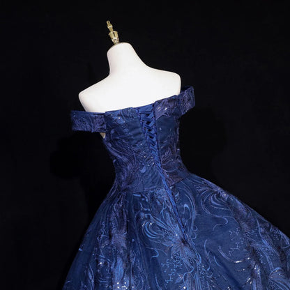 Lovely Navy Blue Floral Tulle Ball Gown Sweet 16 Dress,Navy Blue Off Shoulder Long Formal Dress TP1181