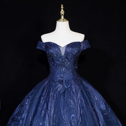 Lovely Navy Blue Floral Tulle Ball Gown Sweet 16 Dress,Navy Blue Off Shoulder Long Formal Dress TP1181