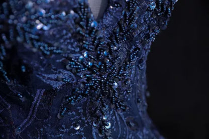 Lovely Navy Blue Floral Tulle Ball Gown Sweet 16 Dress,Navy Blue Off Shoulder Long Formal Dress TP1181