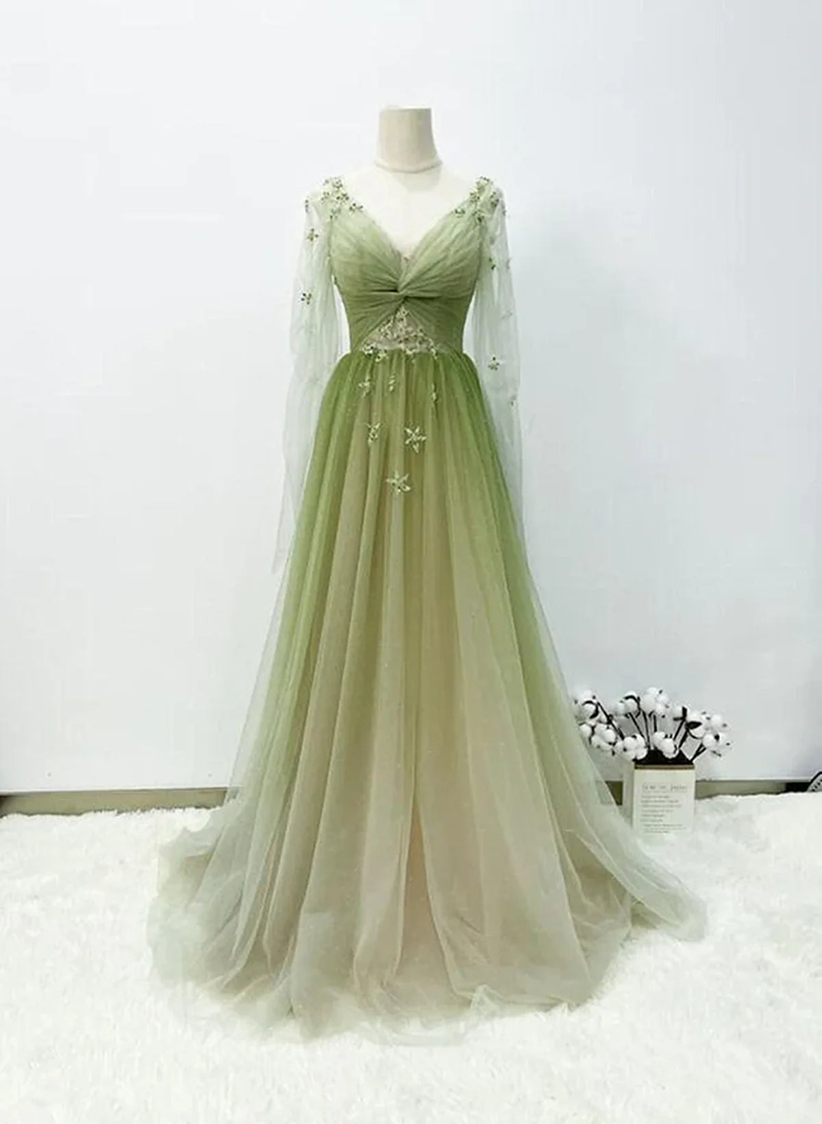 Lovely Green A-line Tulle Gradient Long Sleeves Evening Dress, Green A-line Long Prom Dress TP1184