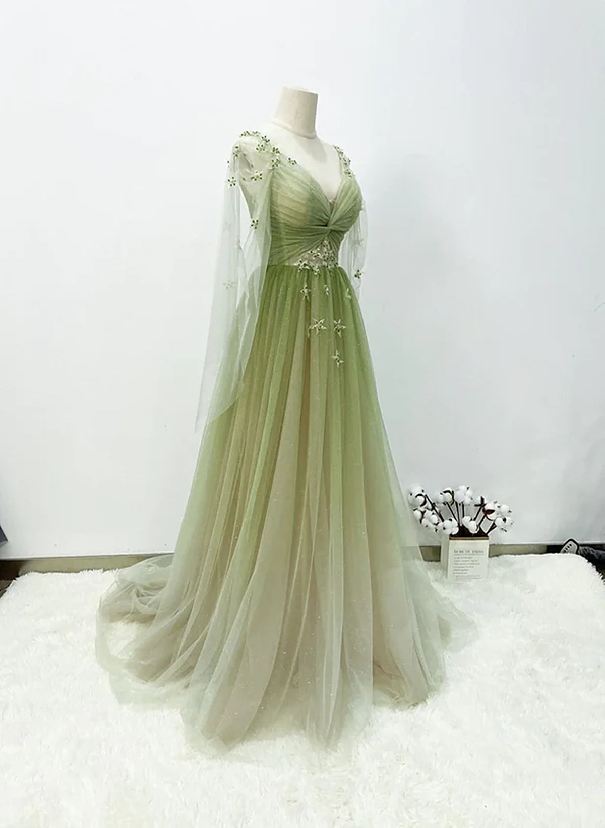Lovely Green A-line Tulle Gradient Long Sleeves Evening Dress, Green A-line Long Prom Dress TP1184
