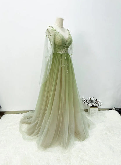 Lovely Green A-line Tulle Gradient Long Sleeves Evening Dress, Green A-line Long Prom Dress TP1184