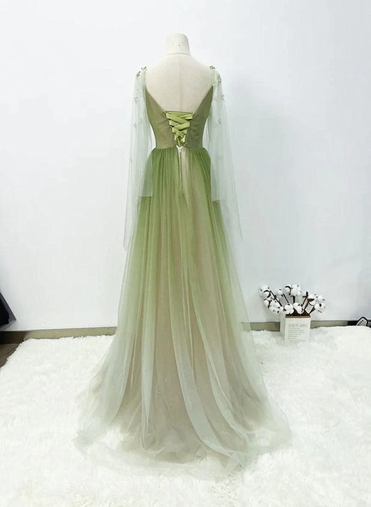 Lovely Green A-line Tulle Gradient Long Sleeves Evening Dress, Green A-line Long Prom Dress TP1184