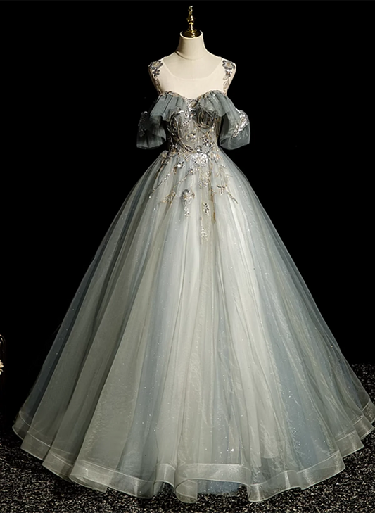 Green Ball Gown Round Neckline with Lace Sweet 16 Dress, Green Tulle Formal Dress TP1186