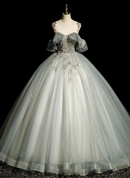Green Ball Gown Round Neckline with Lace Sweet 16 Dress, Green Tulle Formal Dress TP1186
