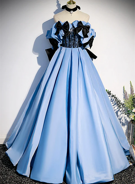 Blue Satin Off Shoulder with Bow Long Party Dress, Blue Satin Prom Dress Evening Dress TP1188