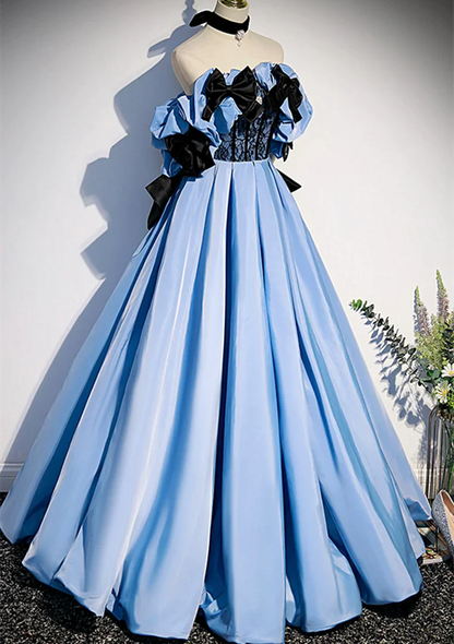 Blue Satin Off Shoulder with Bow Long Party Dress, Blue Satin Prom Dress Evening Dress TP1188
