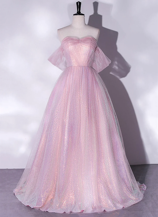 Pink Tulle and Sequins Off Shoulder Long Party Dress, Sweetheart Pink Formal Dress TP1190