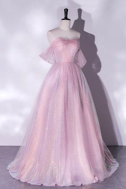 Pink Tulle and Sequins Off Shoulder Long Party Dress, Sweetheart Pink Formal Dress TP1190