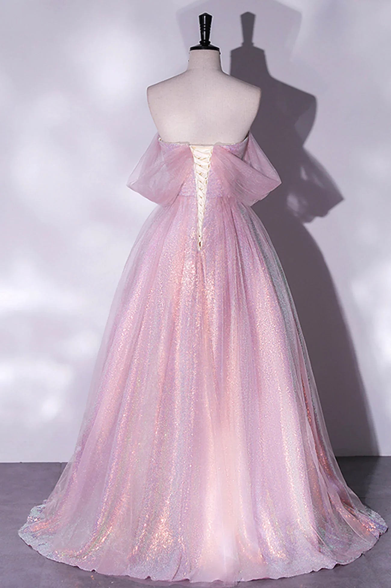 Pink Tulle and Sequins Off Shoulder Long Party Dress, Sweetheart Pink Formal Dress TP1190