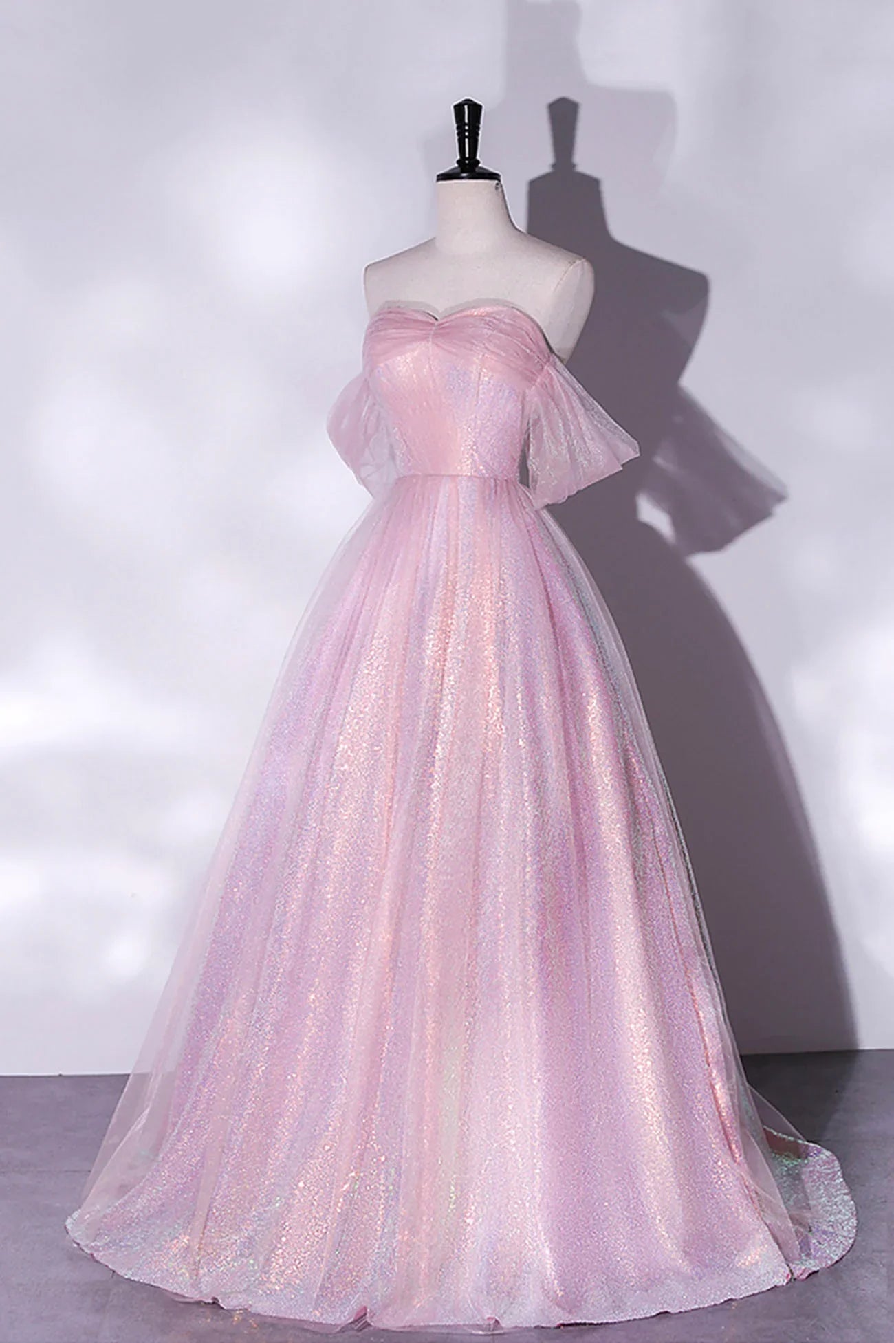 Pink Tulle and Sequins Off Shoulder Long Party Dress, Sweetheart Pink Formal Dress TP1190