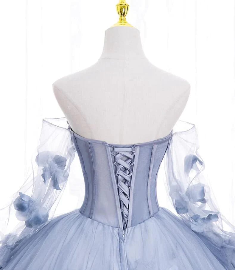 Light Blue Tulle Puffy Sleeves with Flowers Sweet 16 Dress, Light Blue Formal Dress TP1191