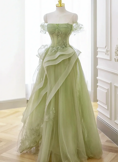 Cute Light Green A-line Beaded Tulle Party Dress, Light Green Long Prom Dress TP1192