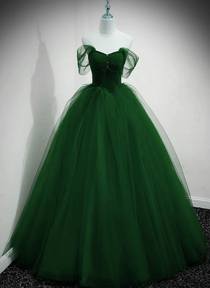 Green Sweetheart Lovely Off Shoulder Party Dress, Green Tulle Long Sweet 16 Dress TP1197