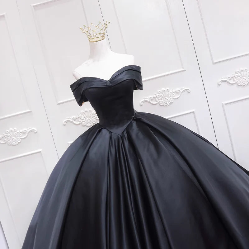 Black Satin Ball Gown Sweetheart Long Formal Dress, Black Sweet 16 Dress TP1198
