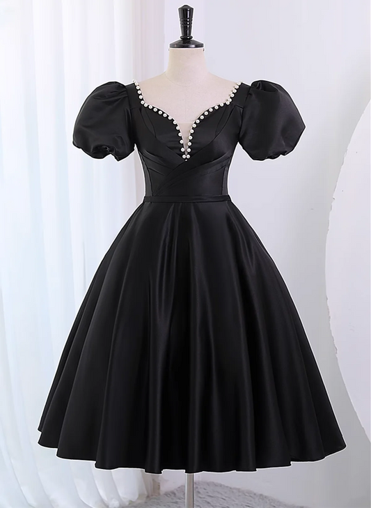 Black Satin Short Sleeves Homecoming Dress, Black Short Prom Dress TP1200