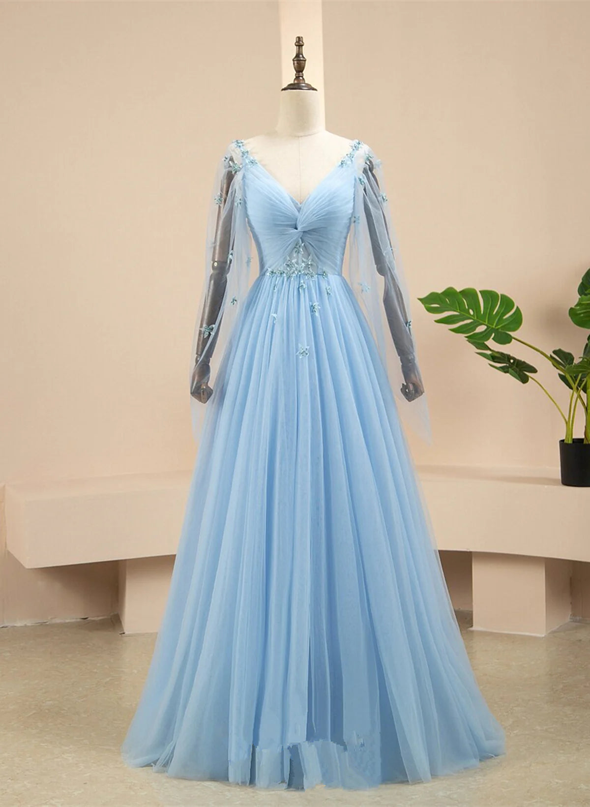 Pretty Light Blue A-line Puffy Sleeves Party Dress, Light Blue Evening Dress Prom Dress TP1203