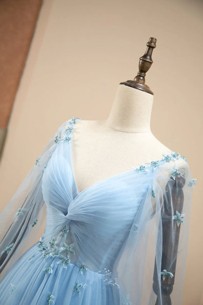 Pretty Light Blue A-line Puffy Sleeves Party Dress, Light Blue Evening Dress Prom Dress TP1203