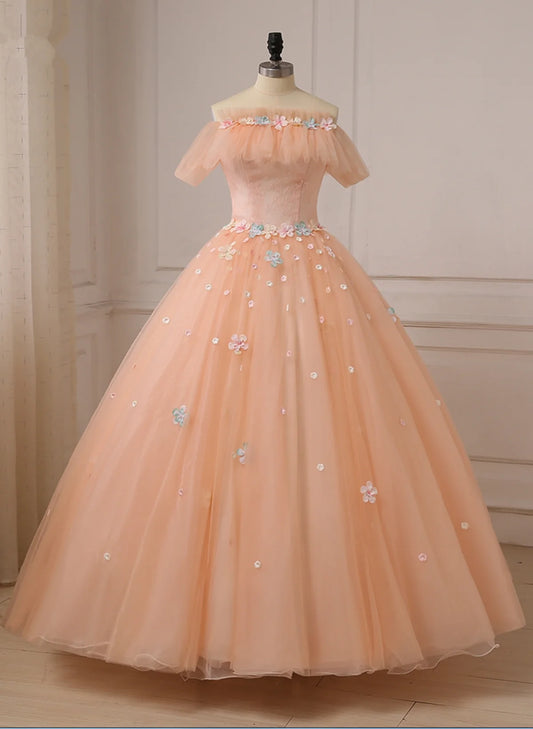Pink Flowers Tulle Off Shoulder Party Dress, Pink Tulle Sweet 16 Dress TP1206