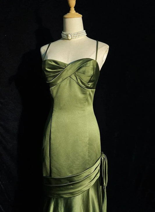 Green Satin Sweetheart Straps Long Evening Dress, Green Wedding Party Dress TP1207