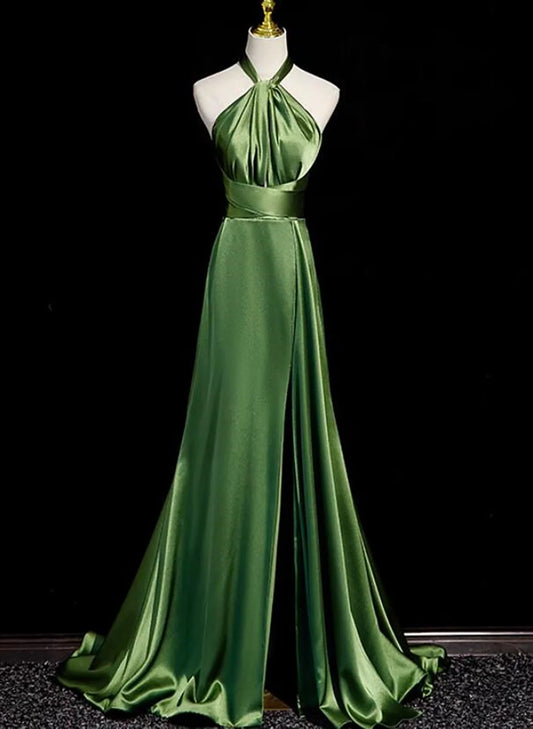 Green Halter Satin Long Wedding Party Dress, Green Evening Dress Prom Dress TP1212