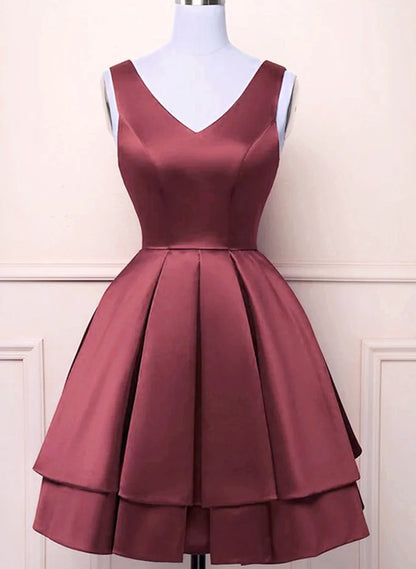 Wine Red V-neckline Satin Knee Length Homecoming Dress, Wine Red Short Prom Dress TP1214