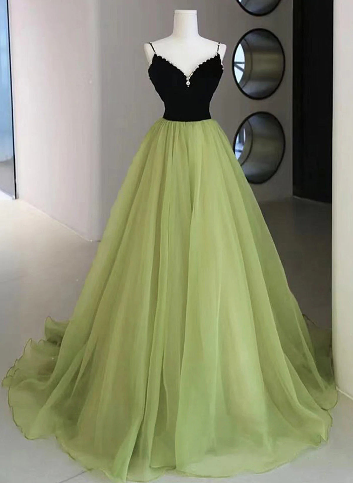 A-line Green and Black Long Beaded Party Dress, Green Long Formal Dress TP1217