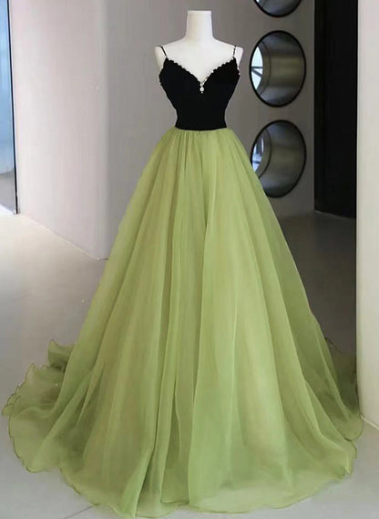 A-line Green and Black Long Beaded Party Dress, Green Long Formal Dress TP1217