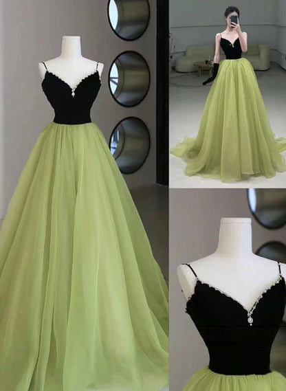 A-line Green and Black Long Beaded Party Dress, Green Long Formal Dress TP1217