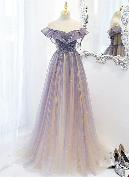Purple Gradient A-line Beaded Tulle Long Prom Dress, Floor Length Purple Evening Dress TP1220
