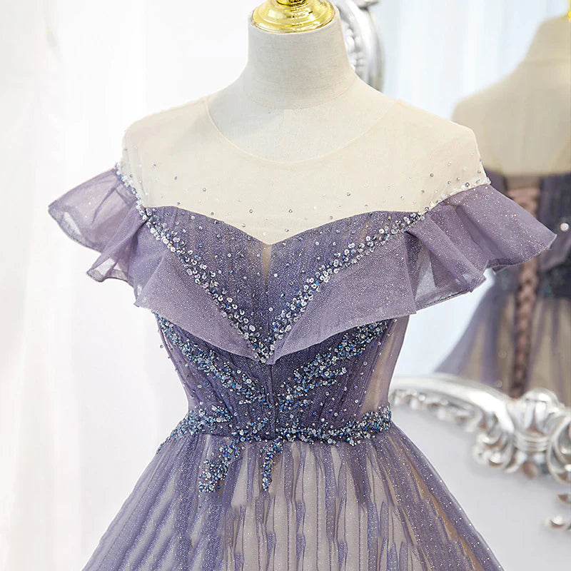 Purple Gradient A-line Beaded Tulle Long Prom Dress, Floor Length Purple Evening Dress TP1220