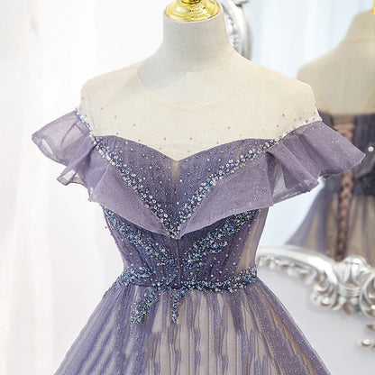 Purple Gradient A-line Beaded Tulle Long Prom Dress, Floor Length Purple Evening Dress TP1220