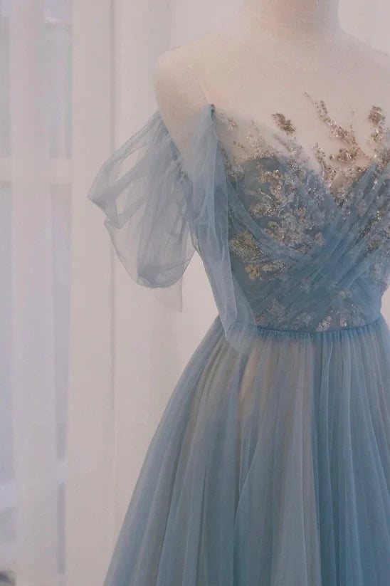 A-line Round Neckline Blue Tulle with Lace Long Party Dress, Tulle Evening Dress Prom Dress TP1222