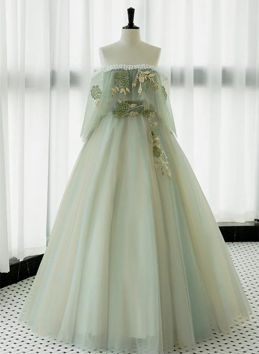 Light Green Off Shoulder Tulle with Lace Long Formal Dress, Light Green A-line Prom Dress TP1225