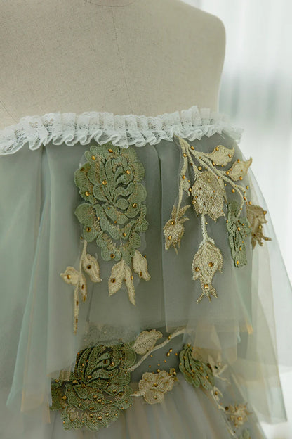 Light Green Off Shoulder Tulle with Lace Long Formal Dress, Light Green A-line Prom Dress TP1225