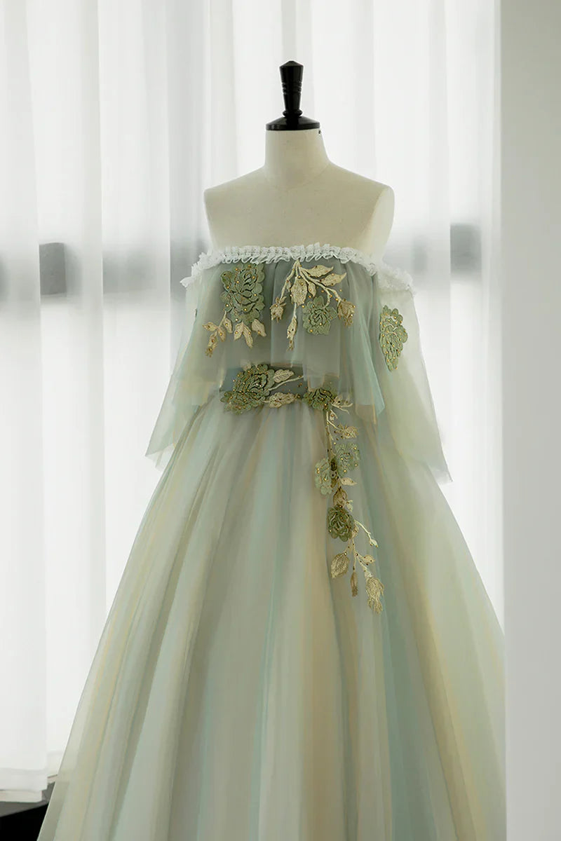 Light Green Off Shoulder Tulle with Lace Long Formal Dress, Light Green A-line Prom Dress TP1225