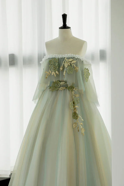 Light Green Off Shoulder Tulle with Lace Long Formal Dress, Light Green A-line Prom Dress TP1225