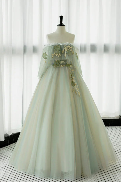 Light Green Off Shoulder Tulle with Lace Long Formal Dress, Light Green A-line Prom Dress TP1225