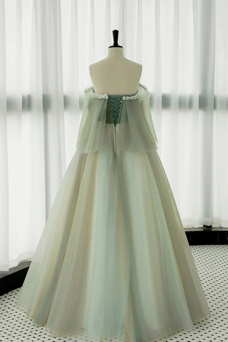 Light Green Off Shoulder Tulle with Lace Long Formal Dress, Light Green A-line Prom Dress TP1225