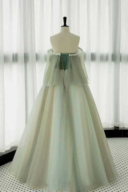 Light Green Off Shoulder Tulle with Lace Long Formal Dress, Light Green A-line Prom Dress TP1225