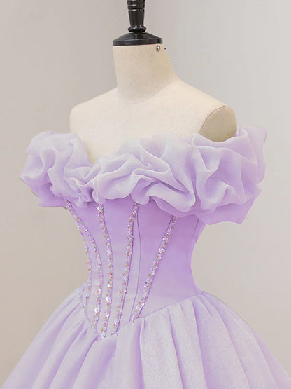 Lovely Off Shoulder Sweetheart Lavender Long Party Dress, Ball Gown Sweet 16 Dress TP1229