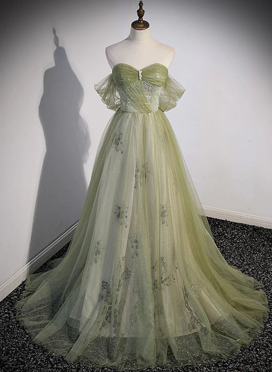 Light Green Sweetheart Beaded Tulle Party Dress, A-line Green Long Prom Dress TP1230