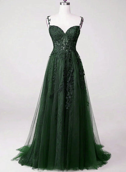 Green A-line Tulle with Lace Applique Long Party Dress, Green Floor Length Prom Dress TP1231