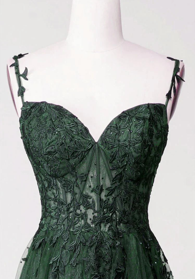 Green A-line Tulle with Lace Applique Long Party Dress, Green Floor Length Prom Dress TP1231