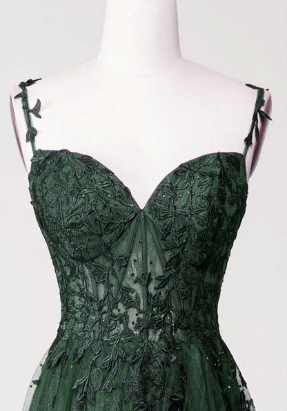 Green A-line Tulle with Lace Applique Long Party Dress, Green Floor Length Prom Dress TP1231