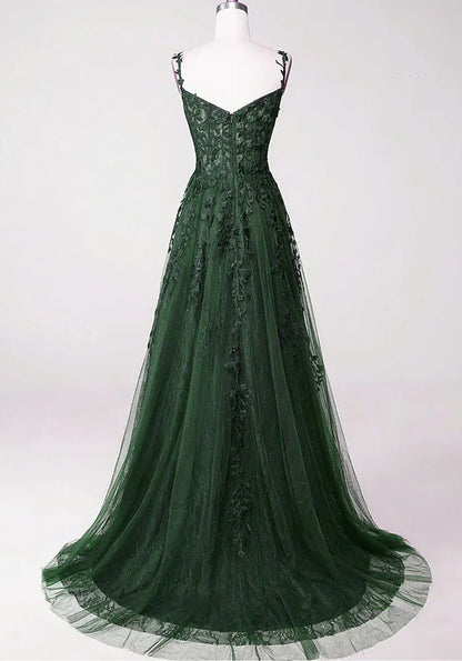 Green A-line Tulle with Lace Applique Long Party Dress, Green Floor Length Prom Dress TP1231