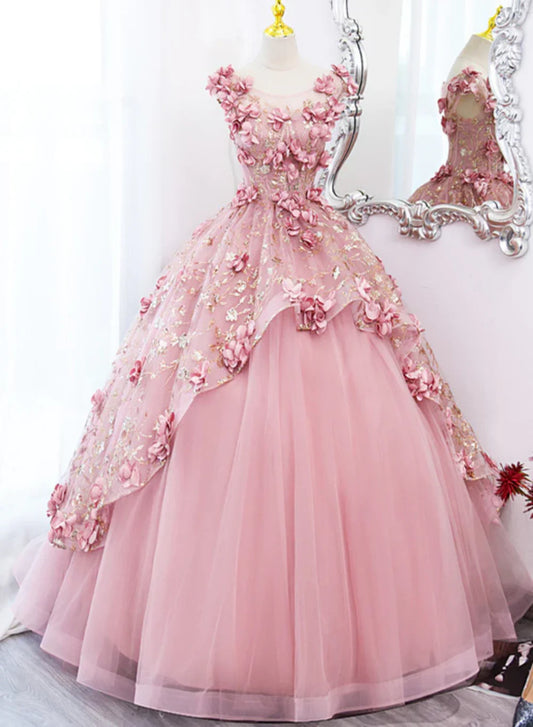 Pink Tulle Long Party Dress With Flowers, Pink Tulle Sweet 16 Dress Formal Dress TP1236