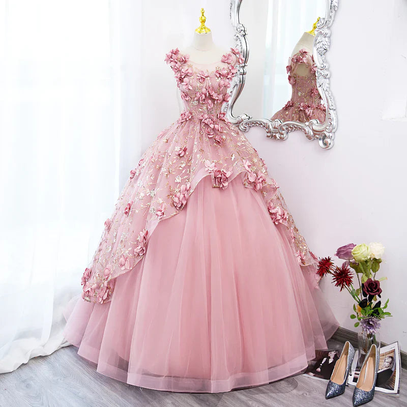 Pink Tulle Long Party Dress With Flowers, Pink Tulle Sweet 16 Dress Formal Dress TP1236
